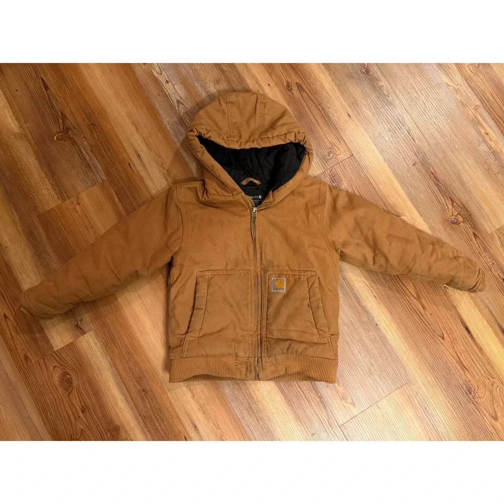 Carhartt Kids Active Jacket Brown Duck Hooded Quilted Flannel Lined Size XS‎